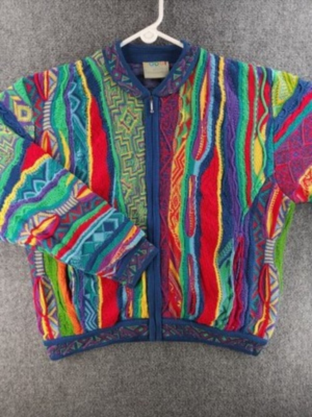 Coogi Full Zip Lined Pocket Sweater Small Knit Colorful Geometric Pattern Cotton